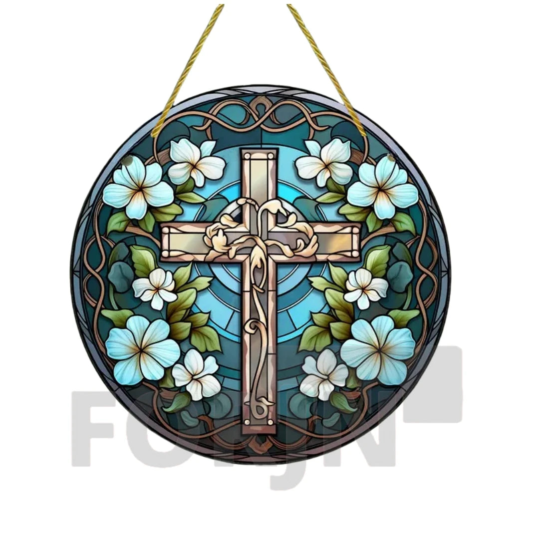 Cross Sun Catcher Acrylic Round Sign,Faux 3D Christianity Religious Pendant Plate,Home,Garden,Room,church,Holy Week&Easter Decor