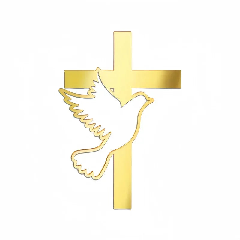 Cross Christ Jesus Birthday Cake Topper Gold Acrylic Dove Cross for Eucharist Baby Baptism Party Cake Toppers Dessert Decoration