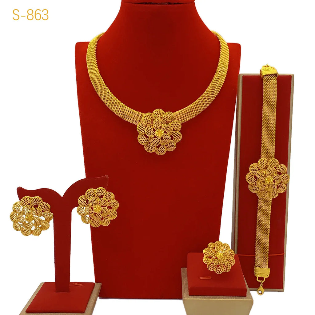 Luxury Wedding AU999 24K Gold Flower Jewelry Set! 4-Piece(Bracelet+Earrings+Ring+Necklace) Flattering, Newlywed Bliss Meaning