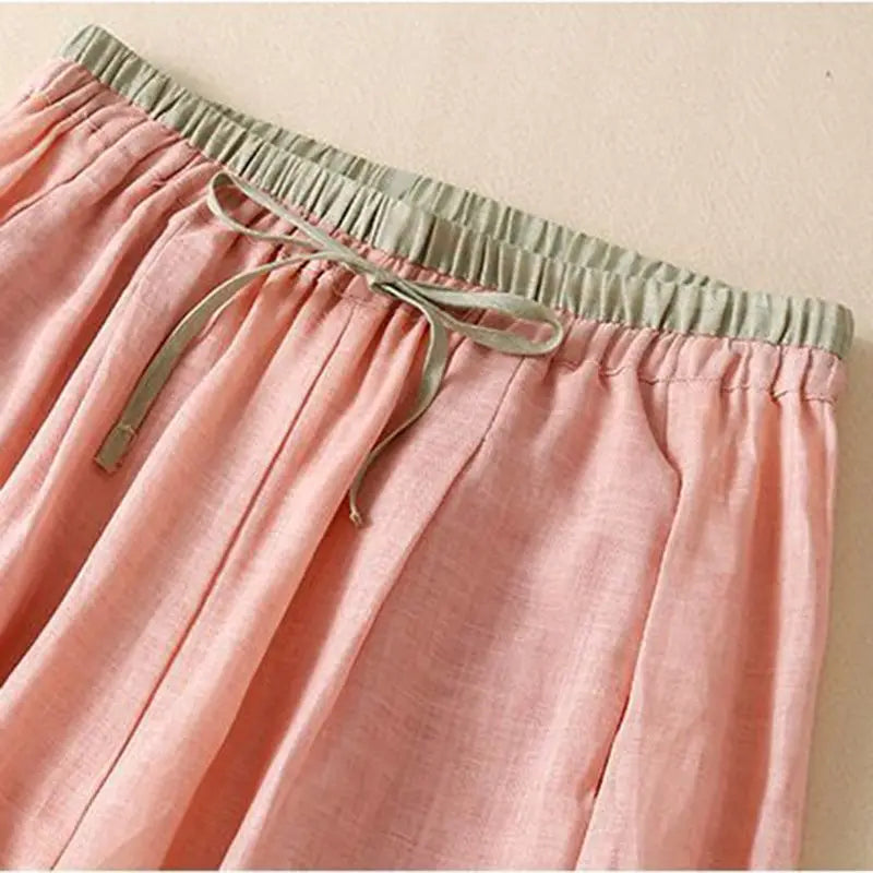 Cotton Linen Casual Elastic High Waist Lace Up Loose Women's Pants Wide Leg Ankle-Length Pants For Women Clothing Fashion 2024