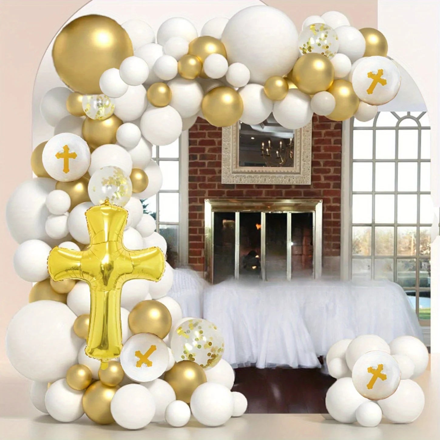 100pcs White Gold First Communion Balloon Garland Arch Kit for First Communion Decoration,God Bless Christening Party Decoration