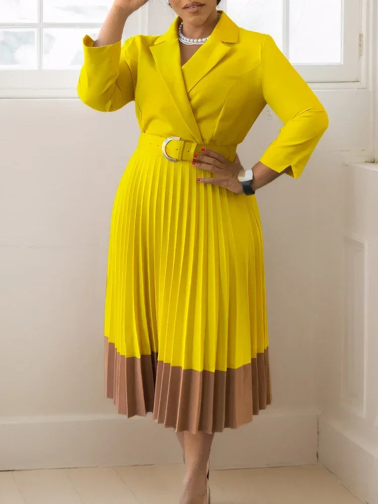 A-line Pleated Blazer Dresses for Women High Waisted Party Suit V-neck Long Sleeved Elegant African Modest African Work Wear New