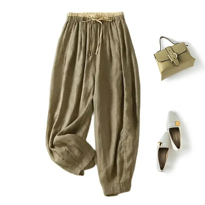 Cotton Linen Casual Elastic High Waist Lace Up Loose Women's Pants Wide Leg Ankle-Length Pants For Women Clothing Fashion 2024