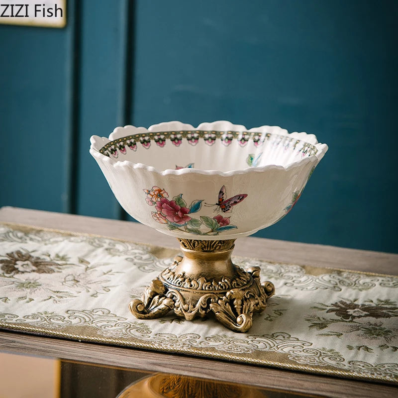Classical Colorful Flower Pattern Fruit Bowl Storage Trays Snack Dessert Plate High Footed Fruits Plate Coffee Table Fruits Tray