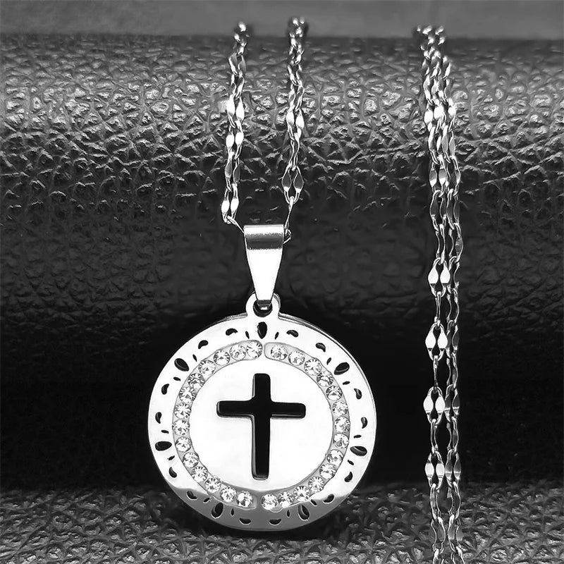 Simple Cross Pendant Necklace Stainless Steel Crystal Jesus Christ Necklaces Religious Jewelry corrente feminina N8249S02