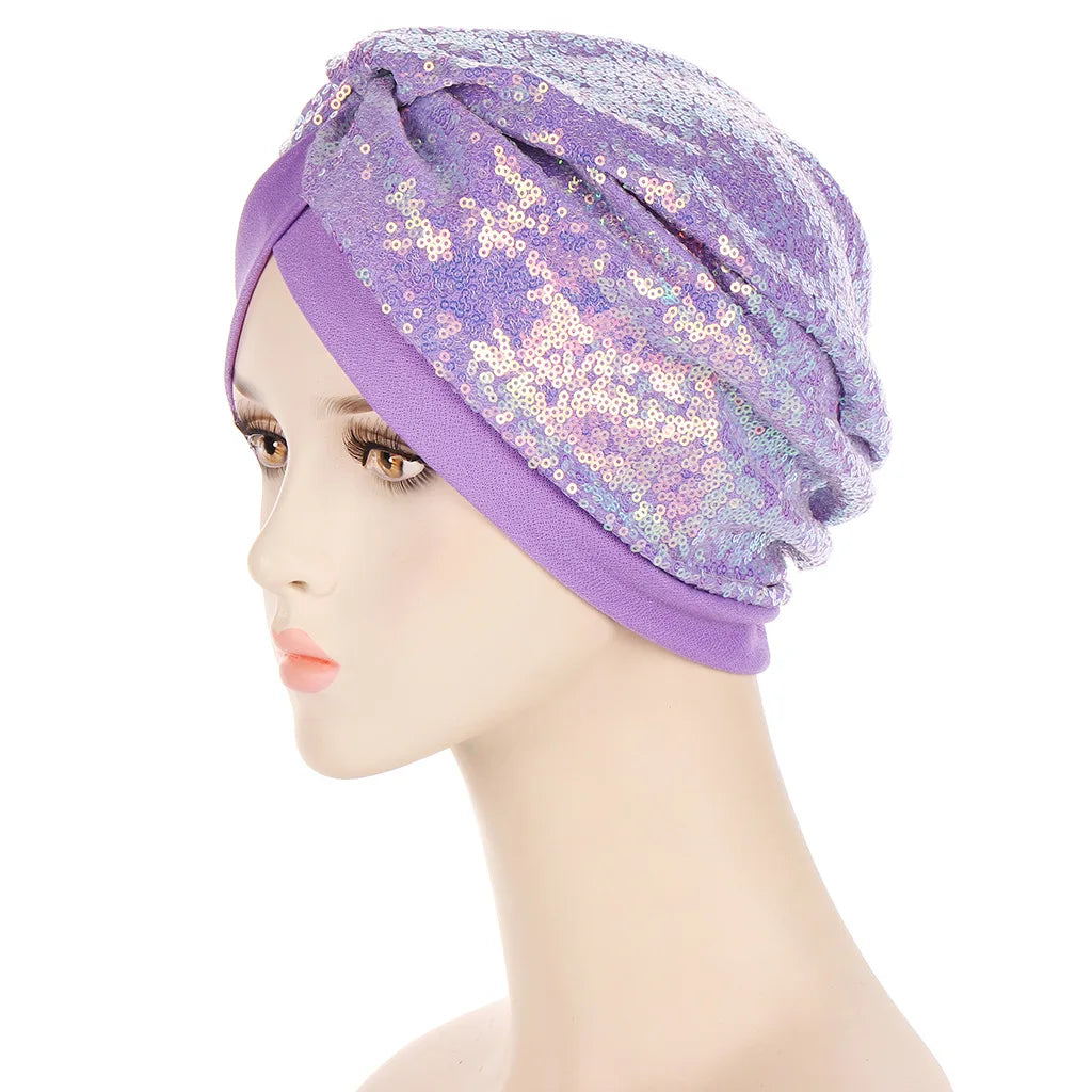 Muslim Headscarf Bonnet Glitter Sequins Hijab Turban Female Head Wraps India Hat Islam Headwear Accessories Chemo Caps beanies