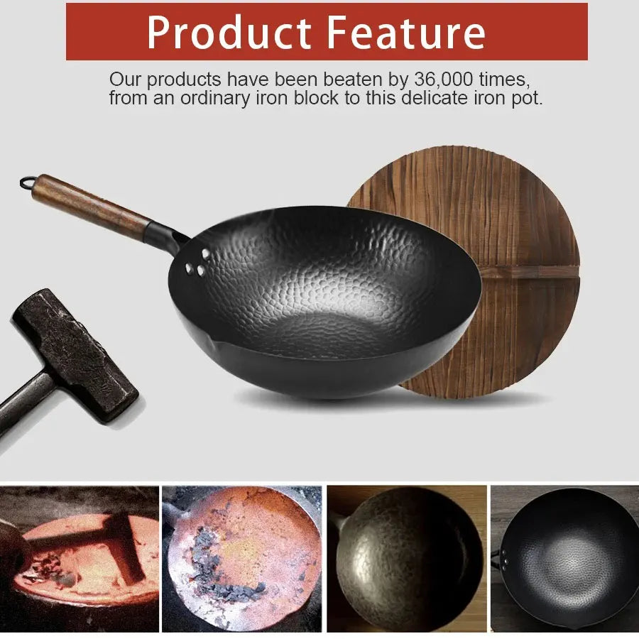 Pure Iron wok cast iron pan Non-coated Pot General use for Gas and Induction Cooker 32cm Chinese Wok Cookware Pan