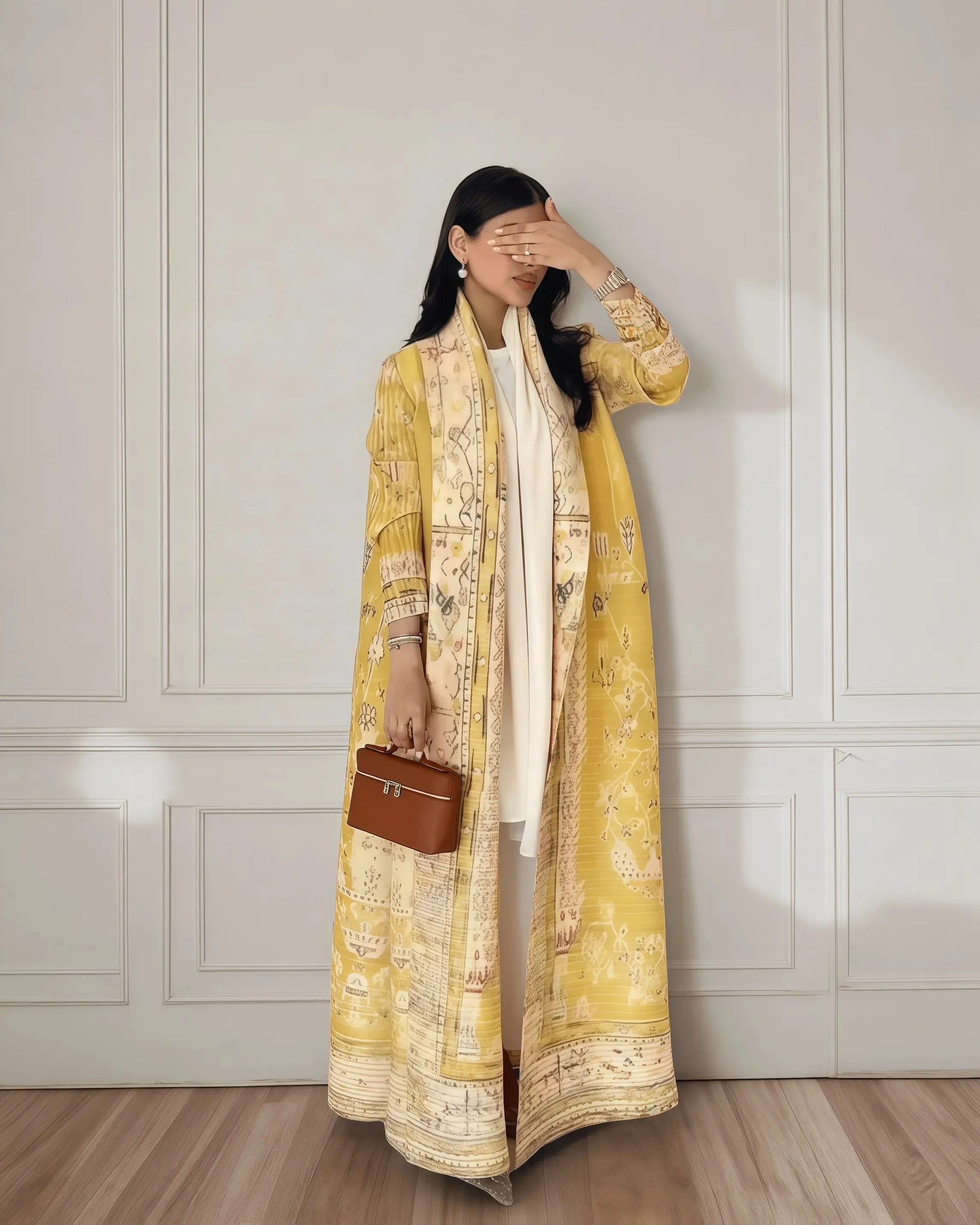 Women's Fold Miyake Pleated Abaya Long Sleeve Print Foldable Collar Robe Cardigan Coat New Winter Fashion Original Design 2024