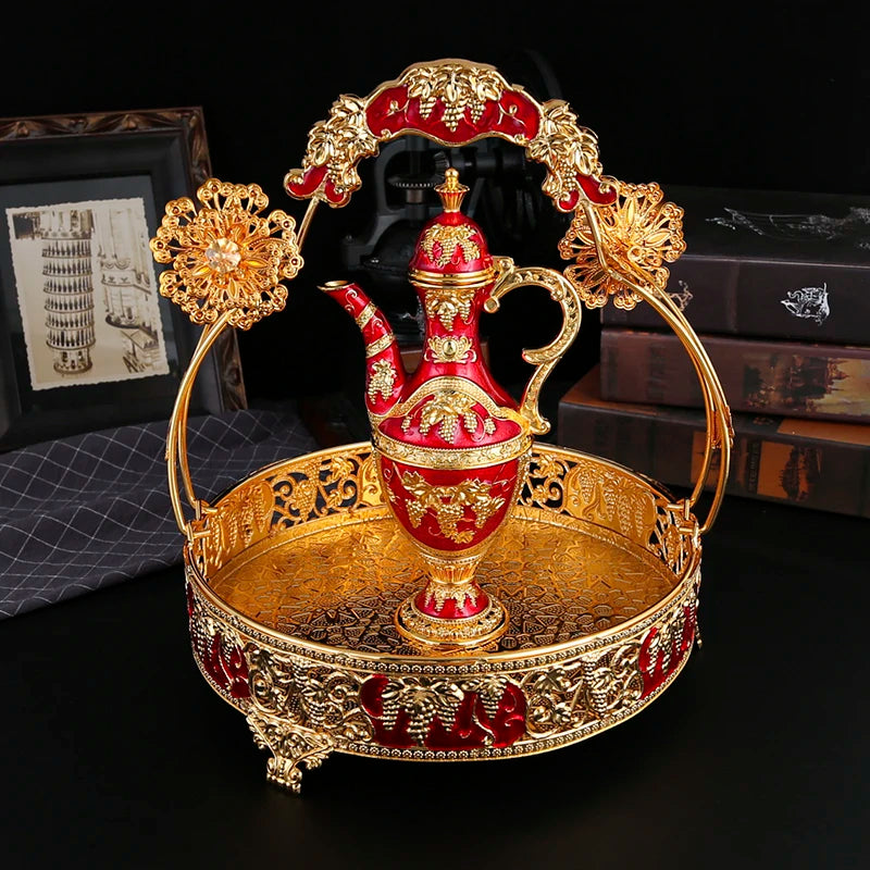 1 metal rose embossed wine set, 1 wine pot and 6 wine glasses and 1 basket, suitable for festivals, parties, banquet crafts.