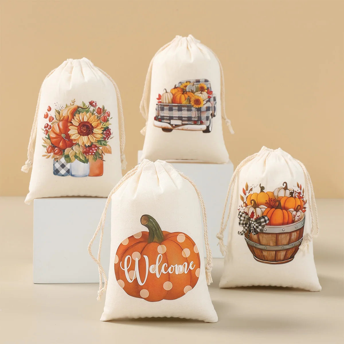 6pcs Thanksgiving Burlap Candy Bags Autumn Maple Leaf Jute Linen Treat Gift Bags for Thanksgiving Party Kids Cookies Pack Bags