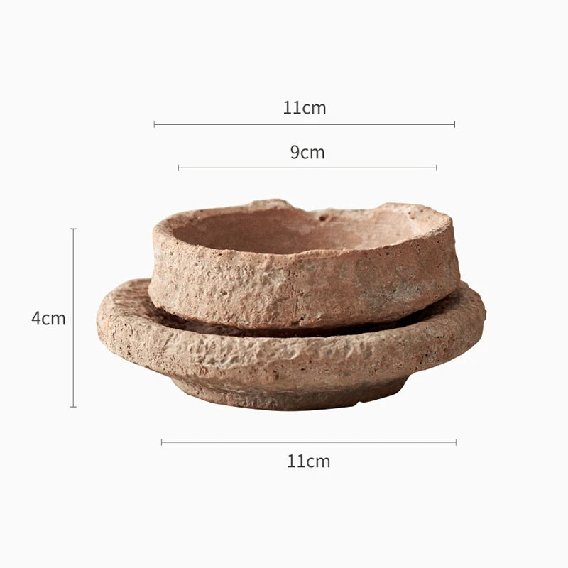 Home handmade clay pot retro hammer pattern desktop green plant small pot with tray ceramic red pottery pot