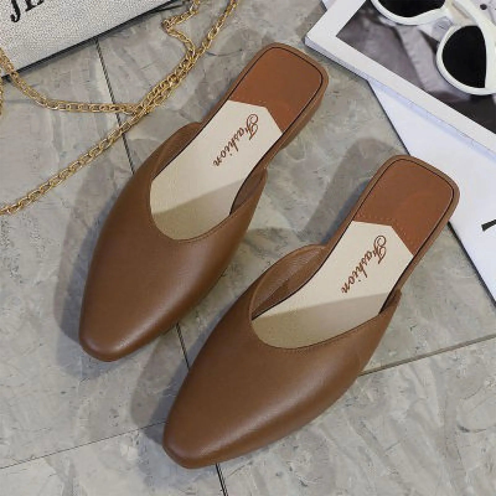 Fashion Women's Outdoor Flat Low-heeled Slip-on Lazy Sandals Semi-slip-on Pointed-toe Shoes Elegant Women Mules Concise Slippers