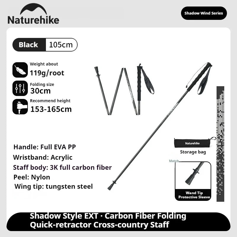 Naturehike Folding Trekking Pole 3K Carbon Fiber Ultralight Collapsible Cane Portable Walking Staff for Outdoor Hiking Sticks