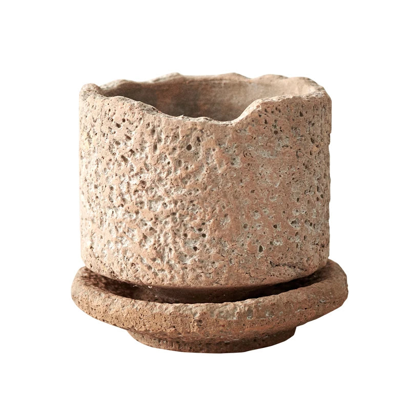 Home handmade clay pot retro hammer pattern desktop green plant small pot with tray ceramic red pottery pot