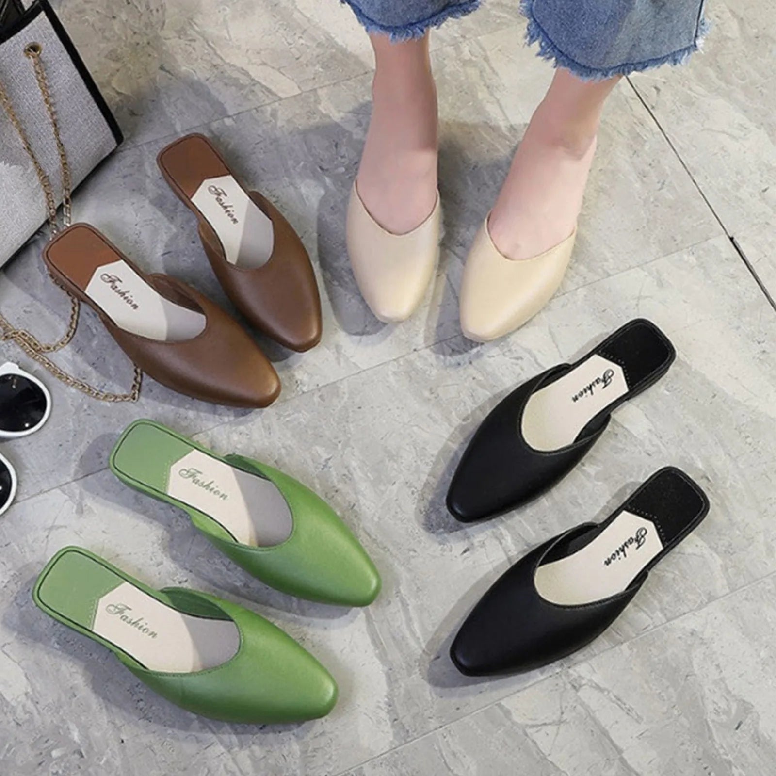 Fashion Women's Outdoor Flat Low-heeled Slip-on Lazy Sandals Semi-slip-on Pointed-toe Shoes Elegant Women Mules Concise Slippers