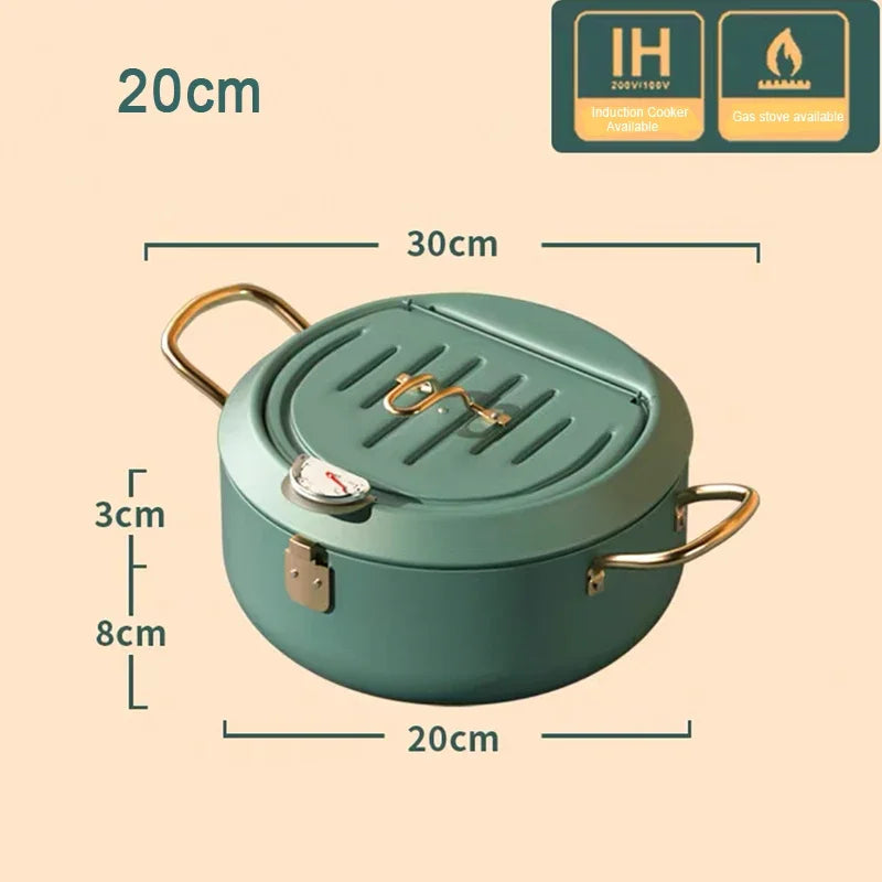 304 Stainless Steel Oil Pan Japanese Deep Frying Pot with a Thermometer and a Lid Kitchen Tempura French Fries Oil Fried Pan