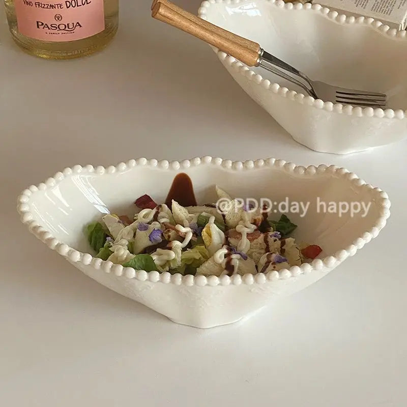 Ins Style Light Luxury Solid Color Bead Bowl Wavy Edge Ceramic Salad Bowl High Aesthetic Breakfast Plate Exquisite Home