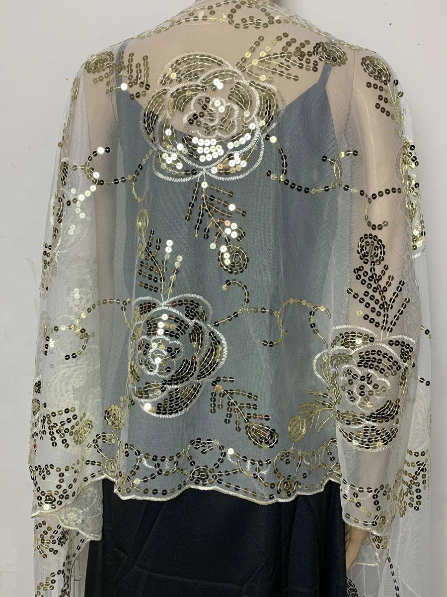 Glitter Sequins Shawls and Wraps for Evening Dresses Women's Mesh Wedding Cape Bridal Bridesmaid Shrugs Fringed Party Shawl