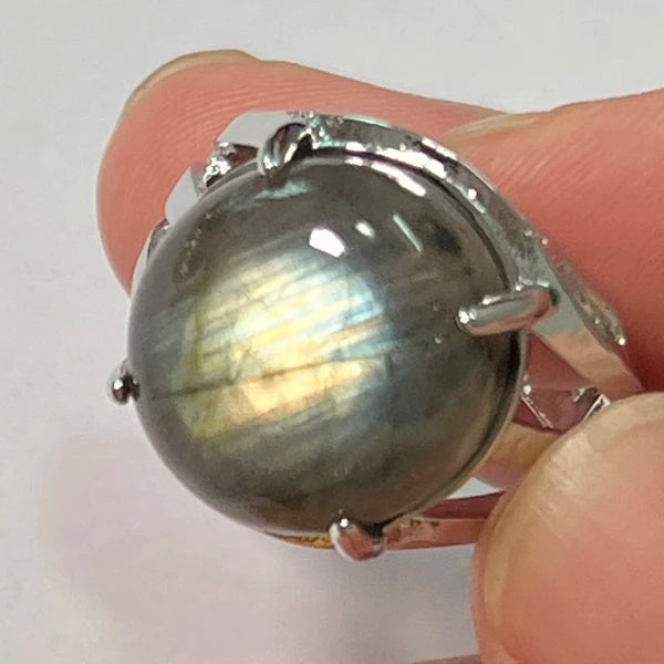 Ring Natural Stone Round Bead Blue Labradorite Adjustable Finger