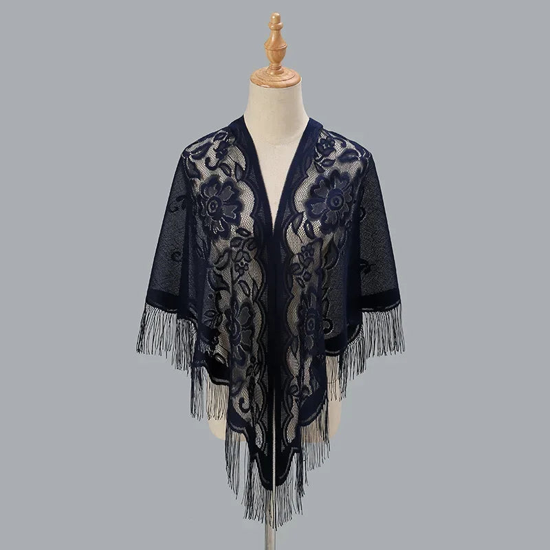 Fashion Women Triangle Wrap Fringed Shawls Head Scarf Tassel Embroidery Lace Scarves Flower Hijab Bandana Prayer Kerchief Church