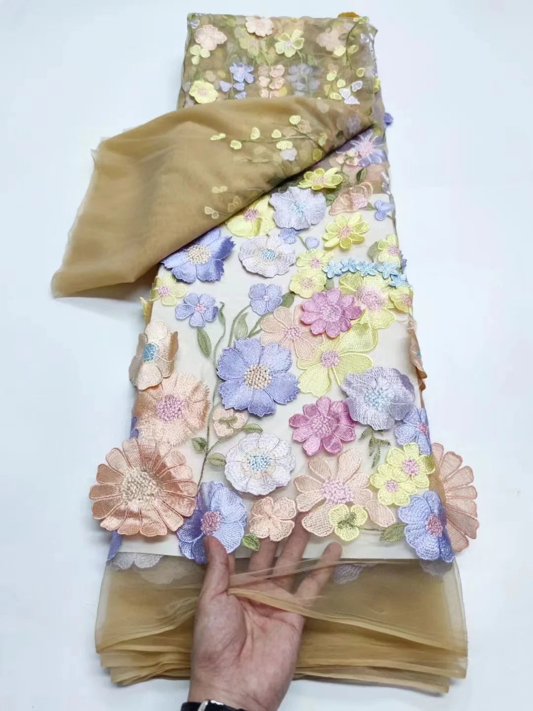 Unilateral embroidered cloth 3D applique embroidered fabric high-end women's dresses wedding dress material