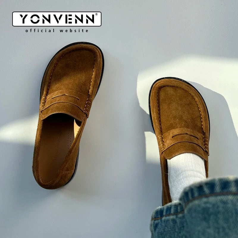 Spring new bean shoes for men brown cow suede soft soled loafers work commuting casual business leather shoes British style