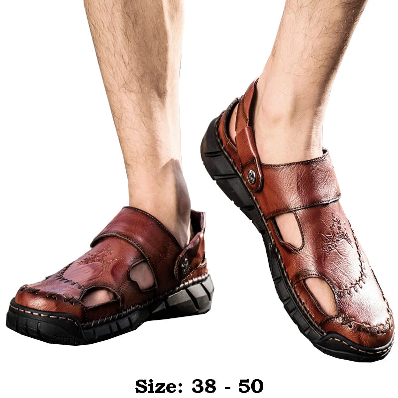 High quality leather flat sandals for men round toes new summer 2025 size 49 50 casual outdoor walking big size shoe black brown