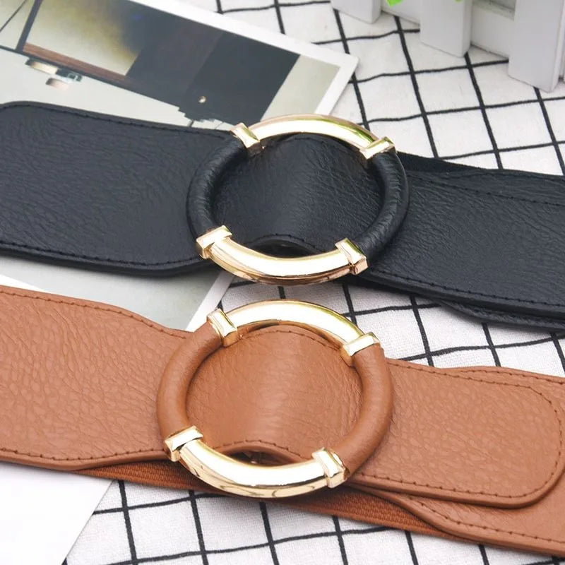 Solid Color Wide Belt Casual Stretchy Vintage Elastic Waistband Round Metal Buckle Dress Coat Girdle Women Apparel Accessories