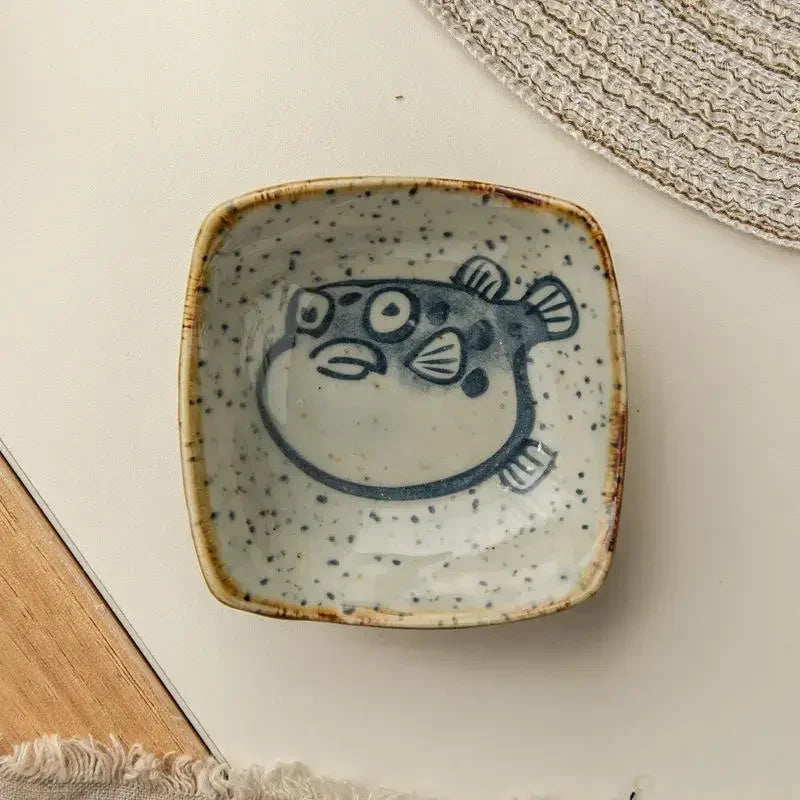 Japanese Cartoon Antique Seasoning Dishes Ceramic Square Plate Creative Cartoon Seafood Sauce Dish Home Kitchen Tableware