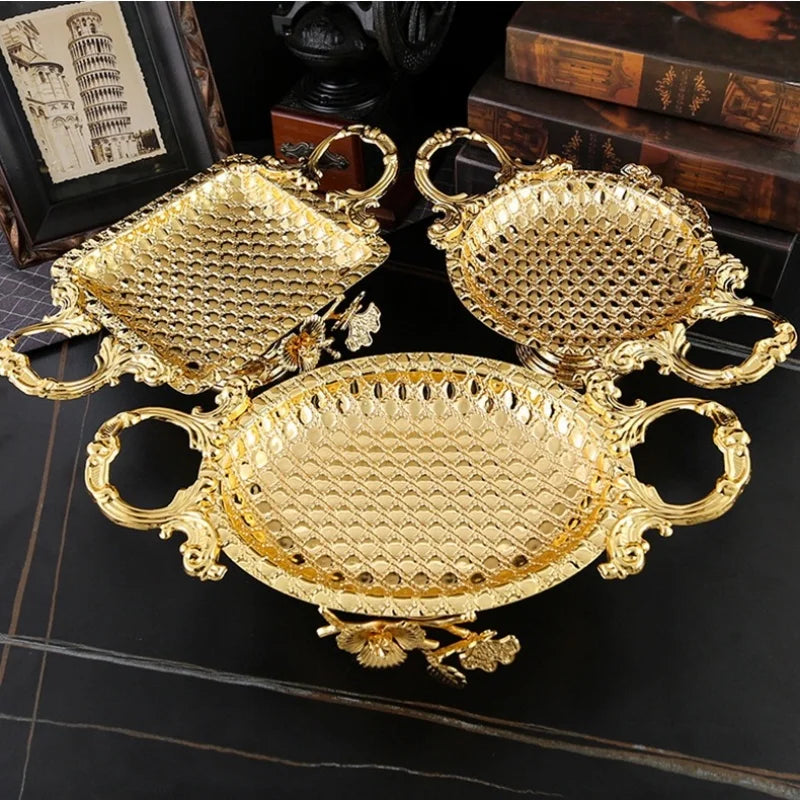 European Vintage Iron Art Metal Fruit Tray Gold round Serving Plate Home Living Room Decor Kitchen Storage Dish
