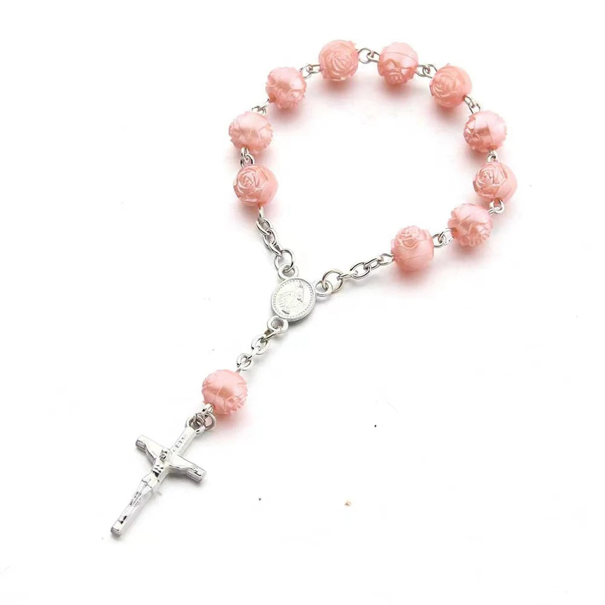 1Pcs Baby 6mm Glass Pearl Rosary Bracelet Eucharist Gift Cross Finger Chain Religion Mini Rosary Bracelet Pray