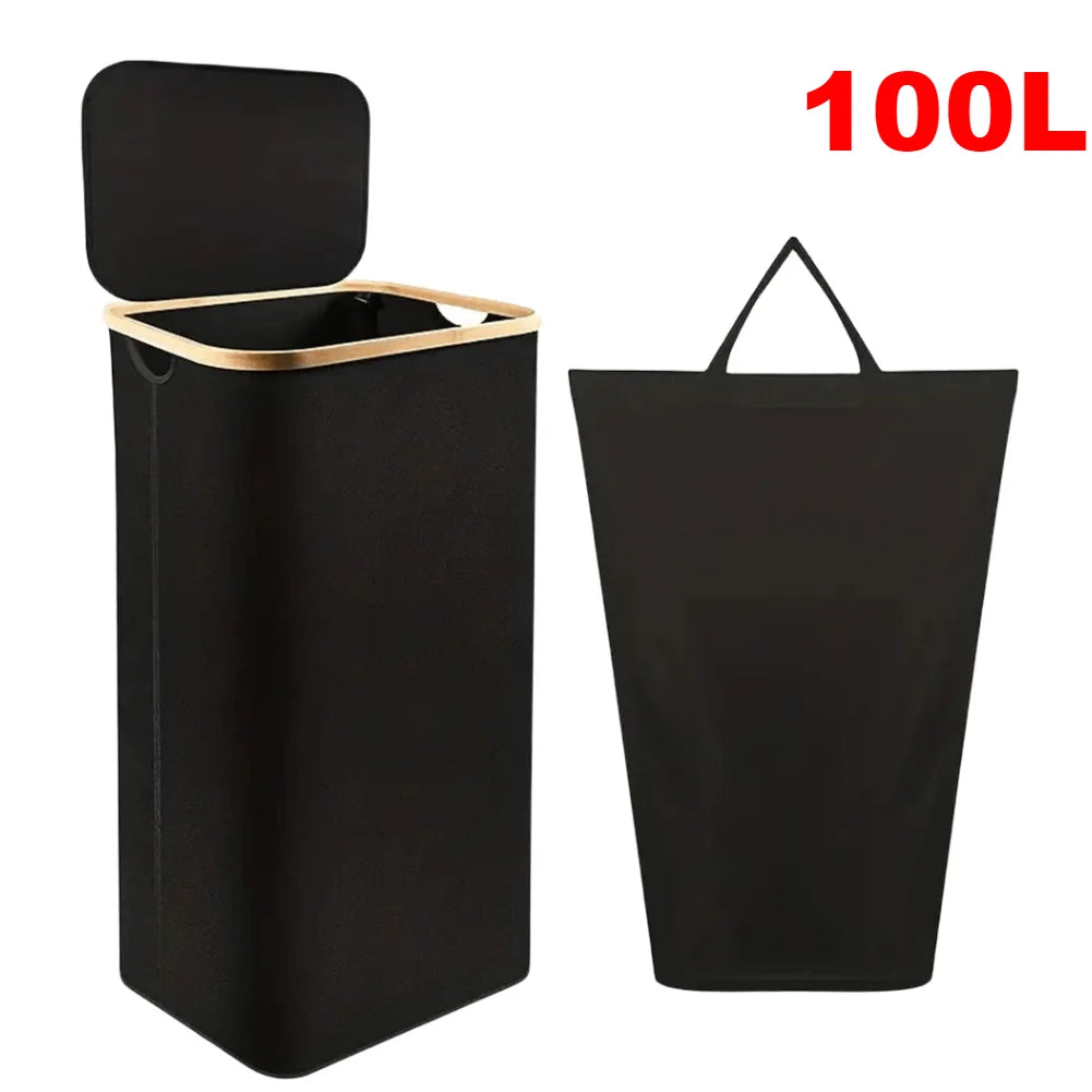 100L Dirty Clothes Bag Box Foldable Laundry Hamper Basket with Bamboo Handle&Lid with Removable Liner Bag for Laundry Room Dorm