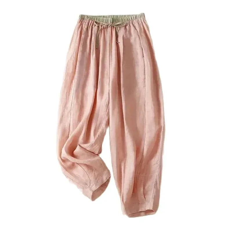 Cotton Linen Casual Elastic High Waist Lace Up Loose Women's Pants Wide Leg Ankle-Length Pants For Women Clothing Fashion 2024