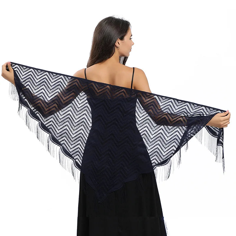 Elegant Lace Wavy Triangle Shawl Hollow Mesh Thin Breathable Tassel Scarf Party Evening Dress Versatile Shawl