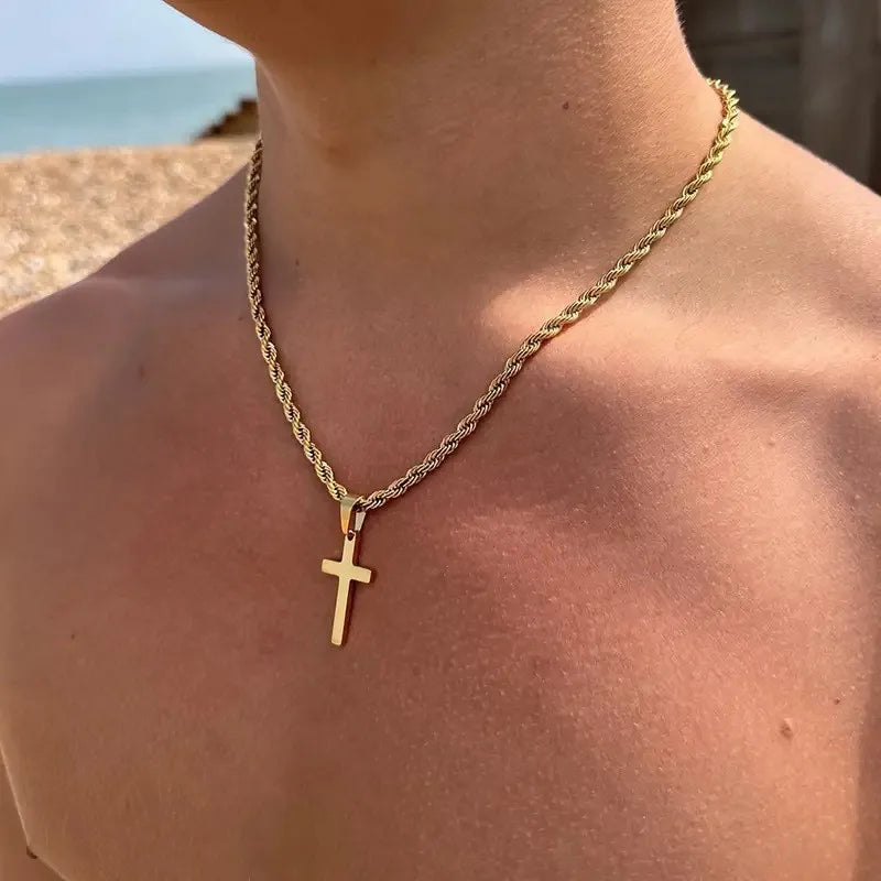 Simple Cross Necklaces for Men Boys,Waterproof Stainless Steel Pendant Necklace with 55cm Twisted Chain,Hip Hop Casual Gifts