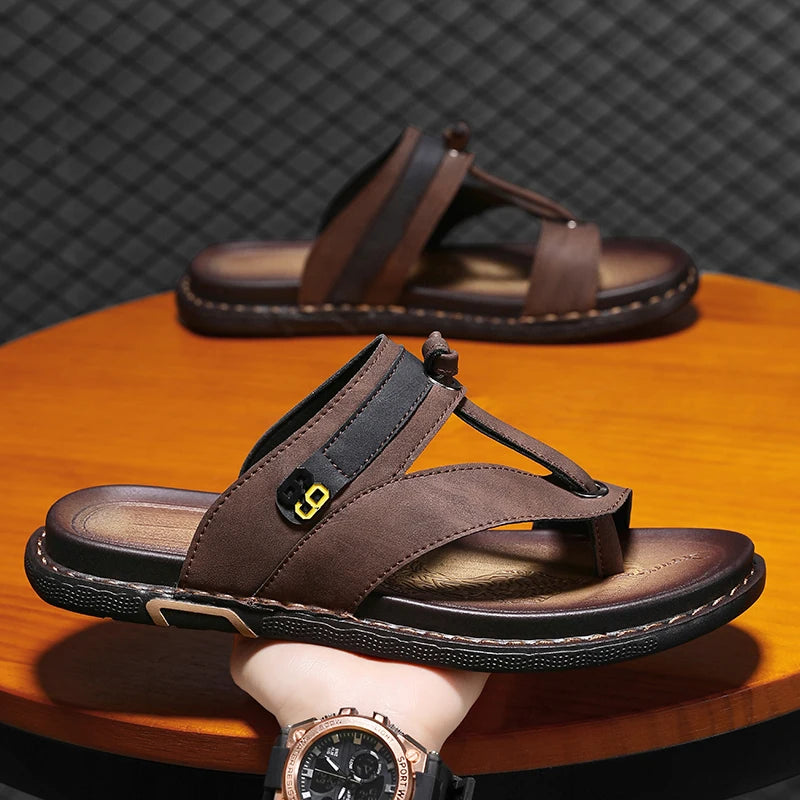 Men's Leather Slides Comfortable House Slippers Breathable Rubber Sole Indoor Outdoor Summer Sandals