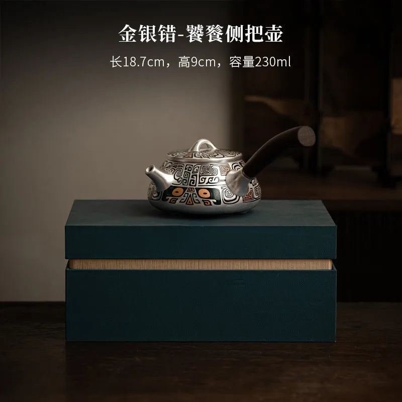 Silver Tea Set 999 Pure Silver Side Handle Stone Ladle Teapot Handmade Gilded Silver Teapot Household Kung Fu Teapot