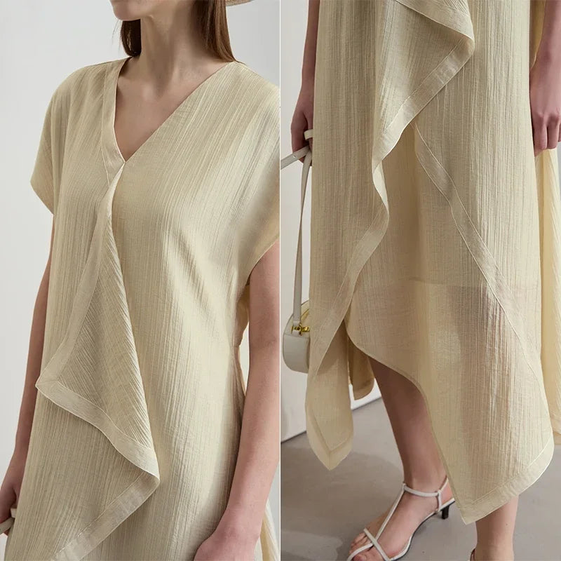 Amii Minimalist Women's Short Sleeved Dress 2025 Spring New Solid Irregular Loose Elegant H Shaped Commute Long Dress 12541134