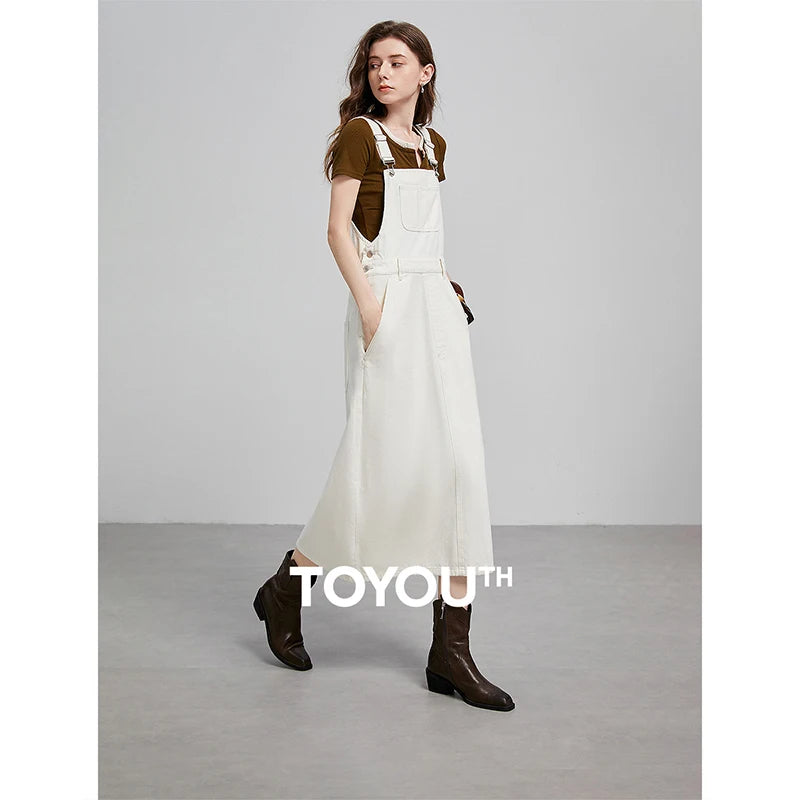 TOYOUTH Women Overalls 2025 Spring New College Style Cotton Medium Length Sleeveless Denim Dress
