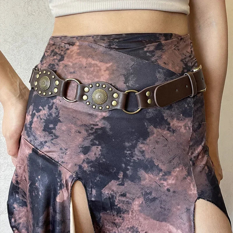 Vintage Circle Splicing Belts Cowboy Hollow PU Girdle Rivet Punk Metal Buckle Spice Girls Skirt Decoration Heavy Duty Wide Belt