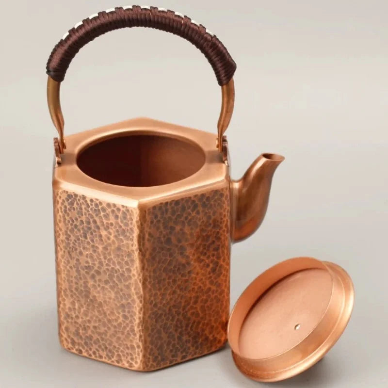 Pure Copper Coffee Pot,Retro Creative Hexagon Teaware 1000 ml Milk Tea Filter Weave Heat Carry By Hand Kettle,Handcrafted Teapot