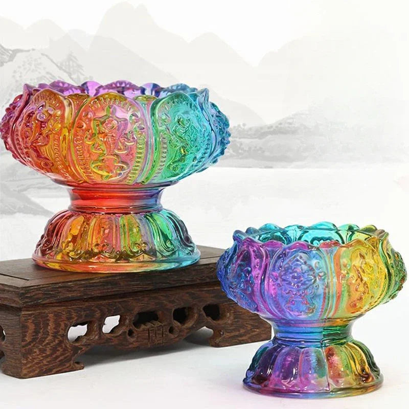 Colorful Glass Lamp New Liquid Butter Lamp Base Ornament Lotus Glass Base Oil Lamp Tribute Candle Pedestal Crafts Home Decoratio