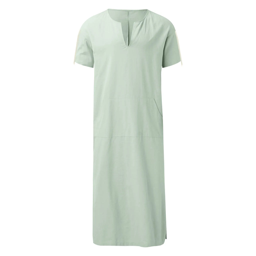 Men's Cotton Linen Long Robe Short Sleeve V Neck Jubba Thobe Arabia Muslim Costume Kaftan Arab Islamic Loose Casual Clothes 2024