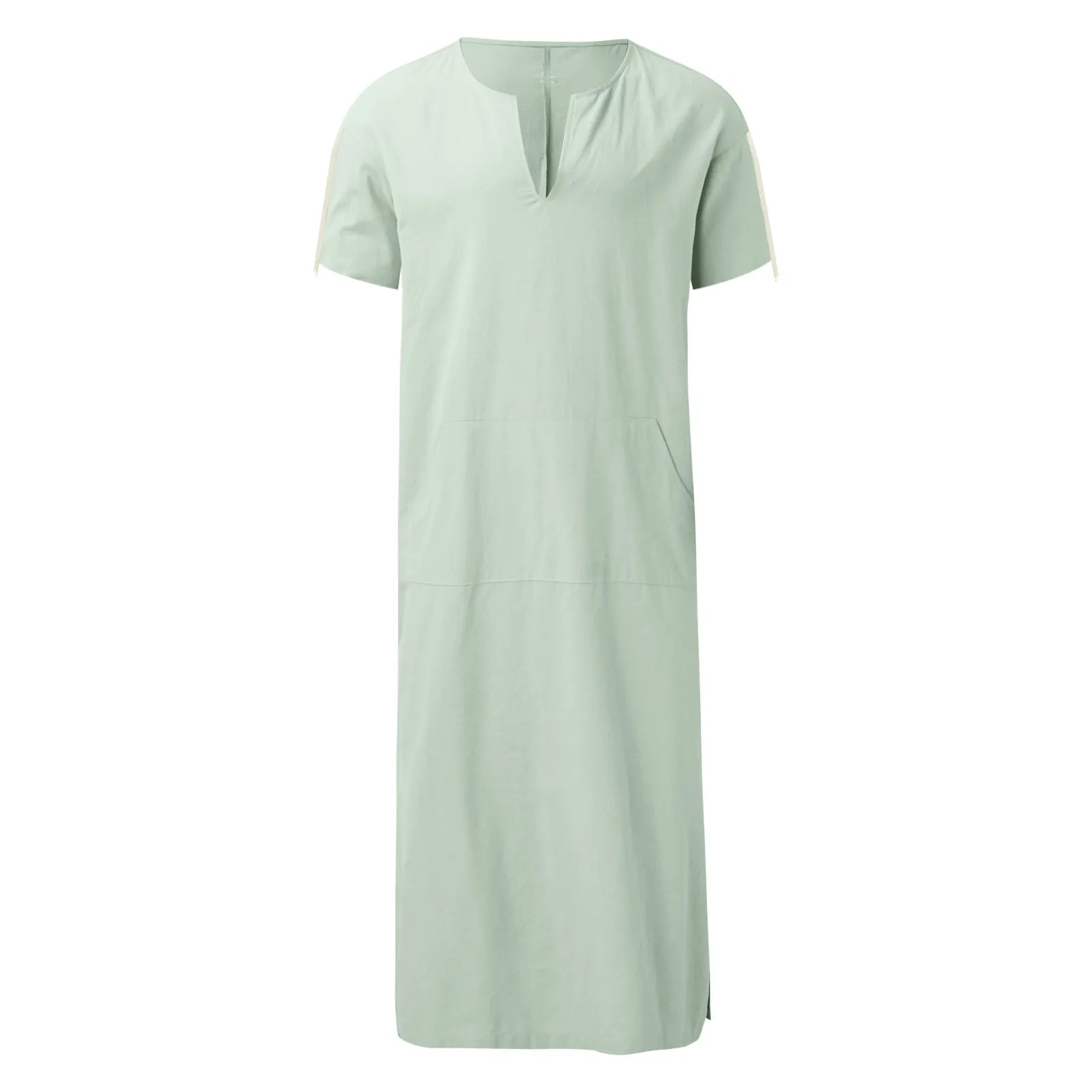 Men's Cotton Linen Long Robe Short Sleeve V Neck Jubba Thobe Arabia Muslim Costume Kaftan Arab Islamic Loose Casual Clothes 2024