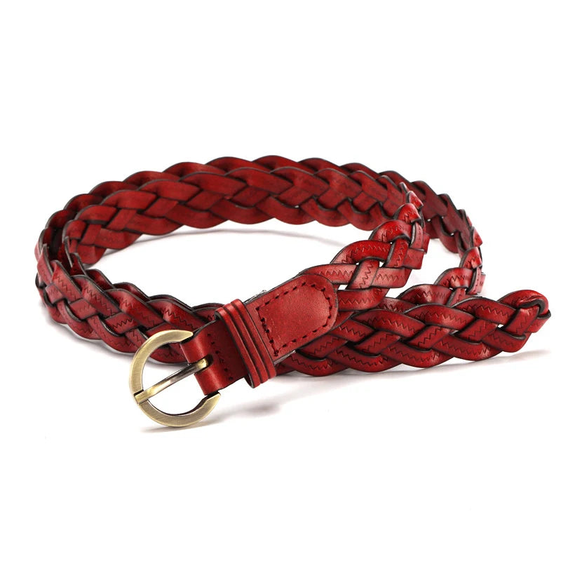 Women Leather Belt Waist Bands with Round Gold Buckle Braided Dress Belt Casual Thin Belt For Student Ladies Clothes Accessories