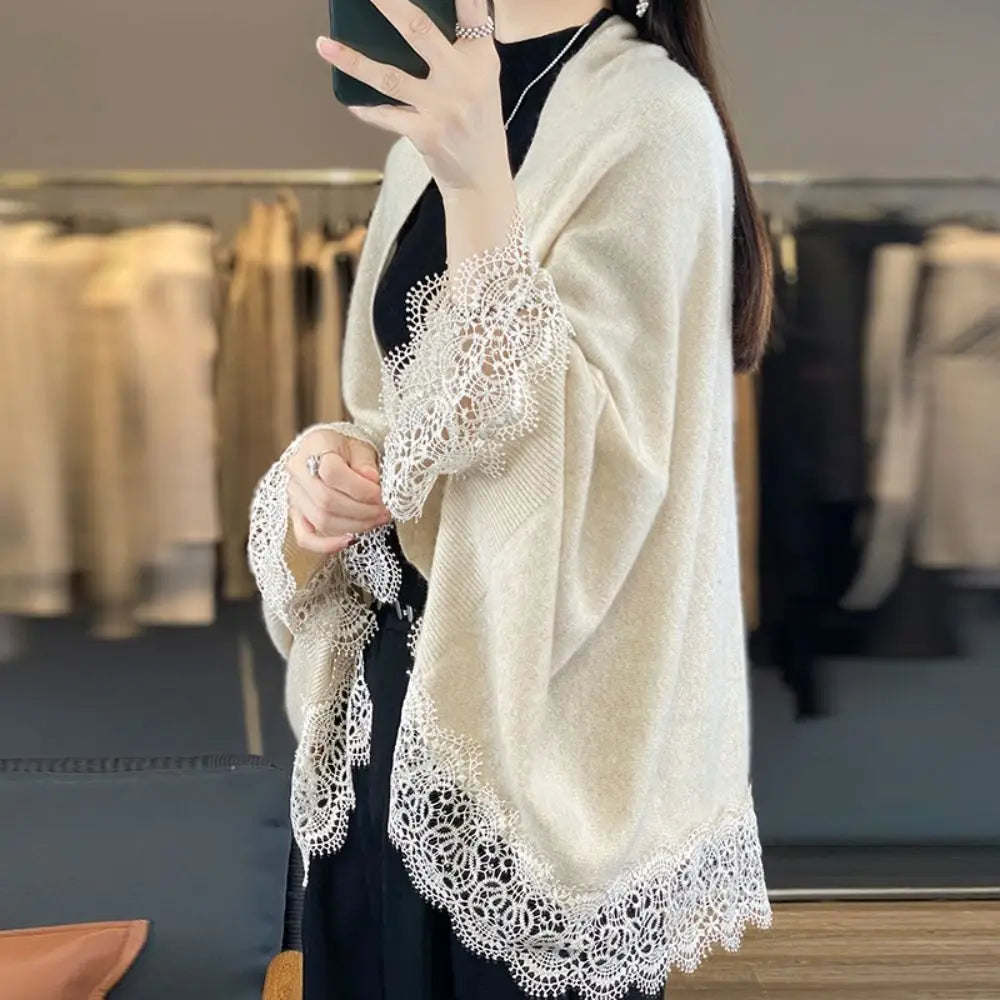Fashion Women Wool Knitted Shawl Spring Autumn Breathable Lace Edge Scarf Skin Friendly Luxury Brand Design Cloak Shawl