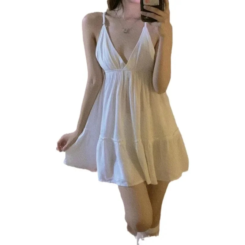 Sleeveless Pajamas Sweet Solid Colours Desirewomen Nightgowns Dresses Strapless Halter Solid Colours Sleeveless Dresses College