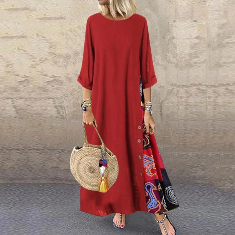 Cotton Linen Vintage Long Dresses Women Three Quarter Sleeves Splicing Print Loose A-line Dress Fashion Casual Lady Maxi Vestido