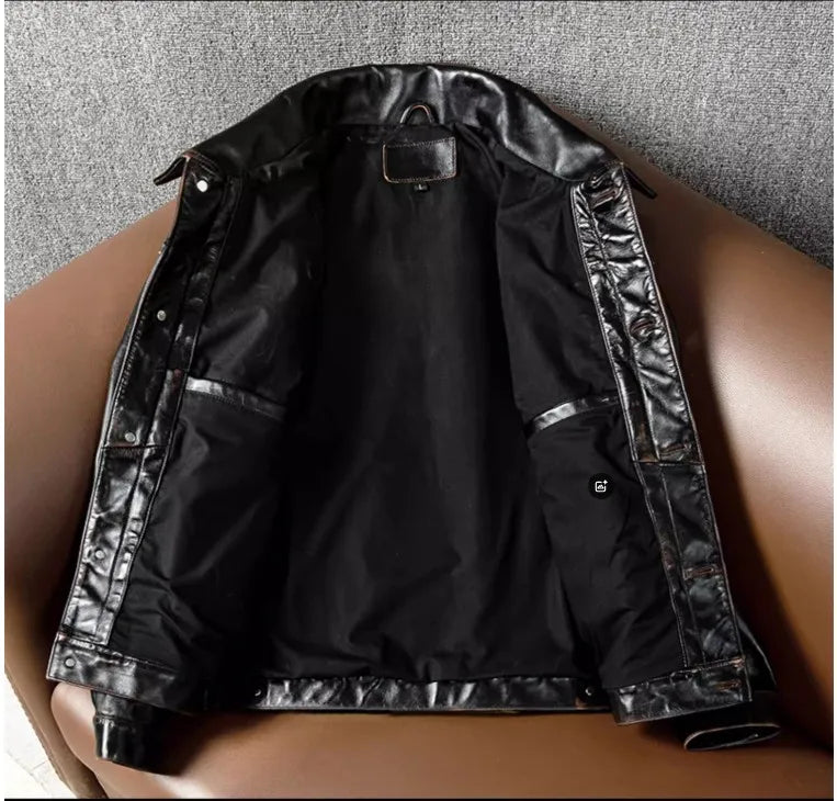 CC Shop Best.Classic American work leather jacket.Tea core Horsehide.Mens 100% natural leather coat.Vintage Denim 506 cloth