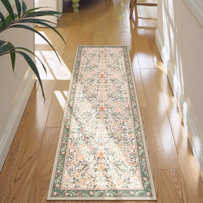 Floral Hallway Runner Rug Soft Flower Botanical Indoor Carpet Bedroom Non-Slip Floor Mat Machine Washable Rugs for Living Room